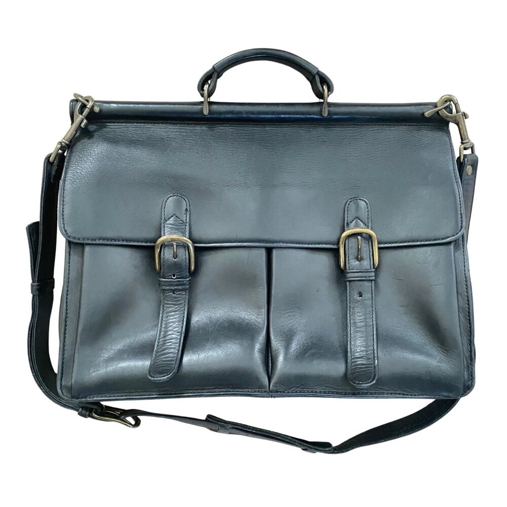 Vintage Black Leather Hide Dowel Briefcase - Pre-owned